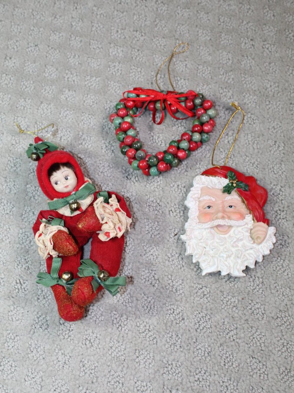 Vintage Christmas Ornaments - Santa, Elf, and Heart Wreath
